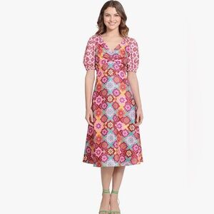 Donna Morgan V-Neck Midi Puff Sleeves dress fit and flare sz 6 pink